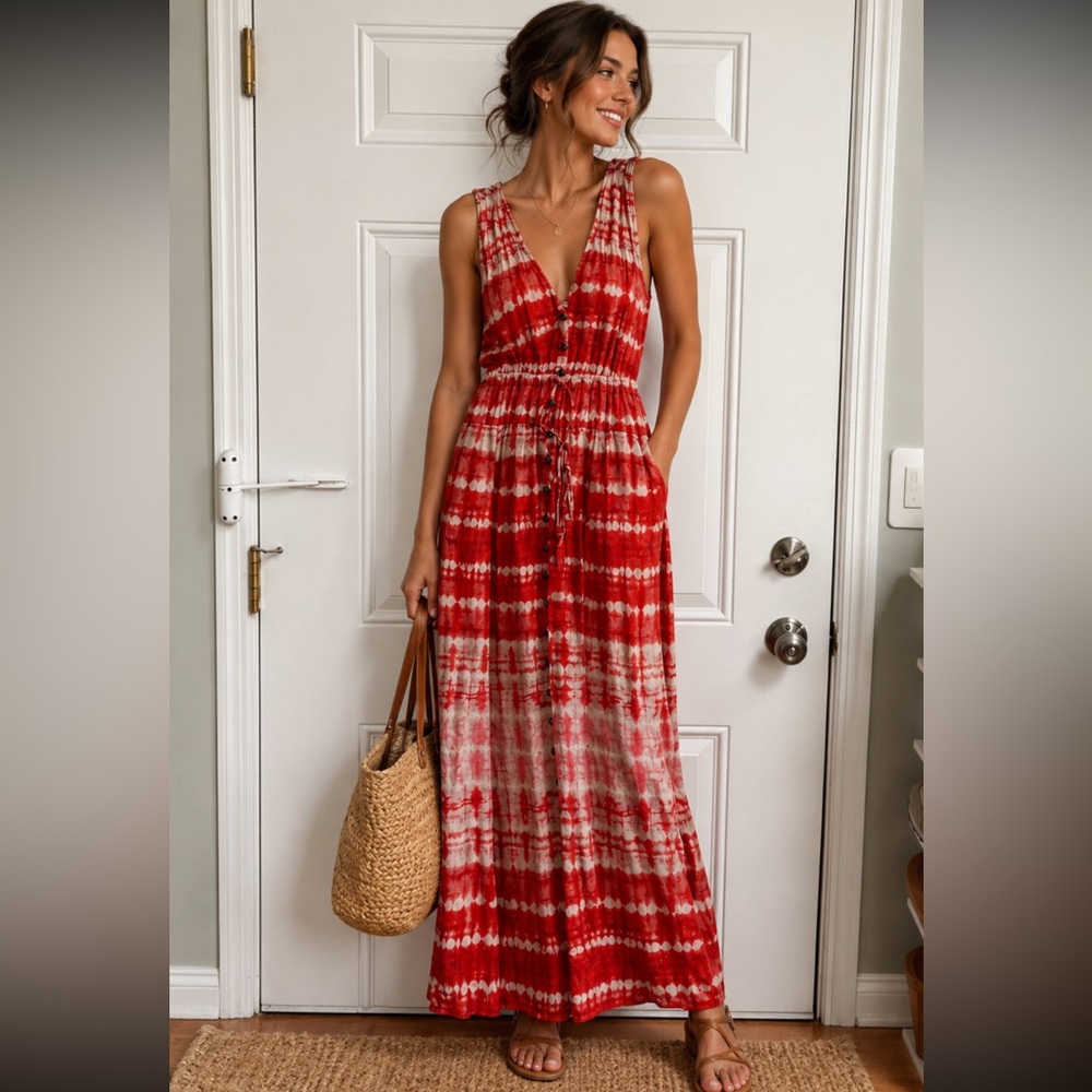 Anthropologie Tracy Reese Red Tie-Dye V-Neck Maxi Dress